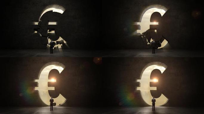 商人站着黑墙，欧元货币形状。经济图表