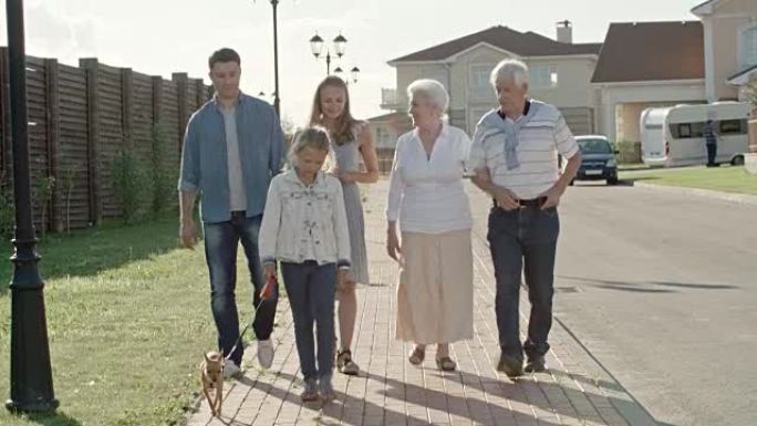 年轻的家庭和老年夫妇在乡下散步