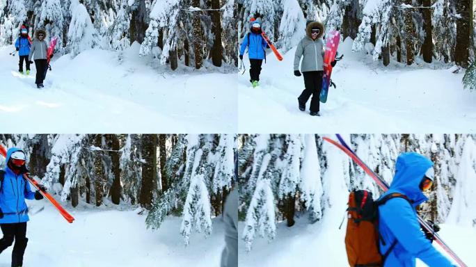情侣滑雪板行走雪4k