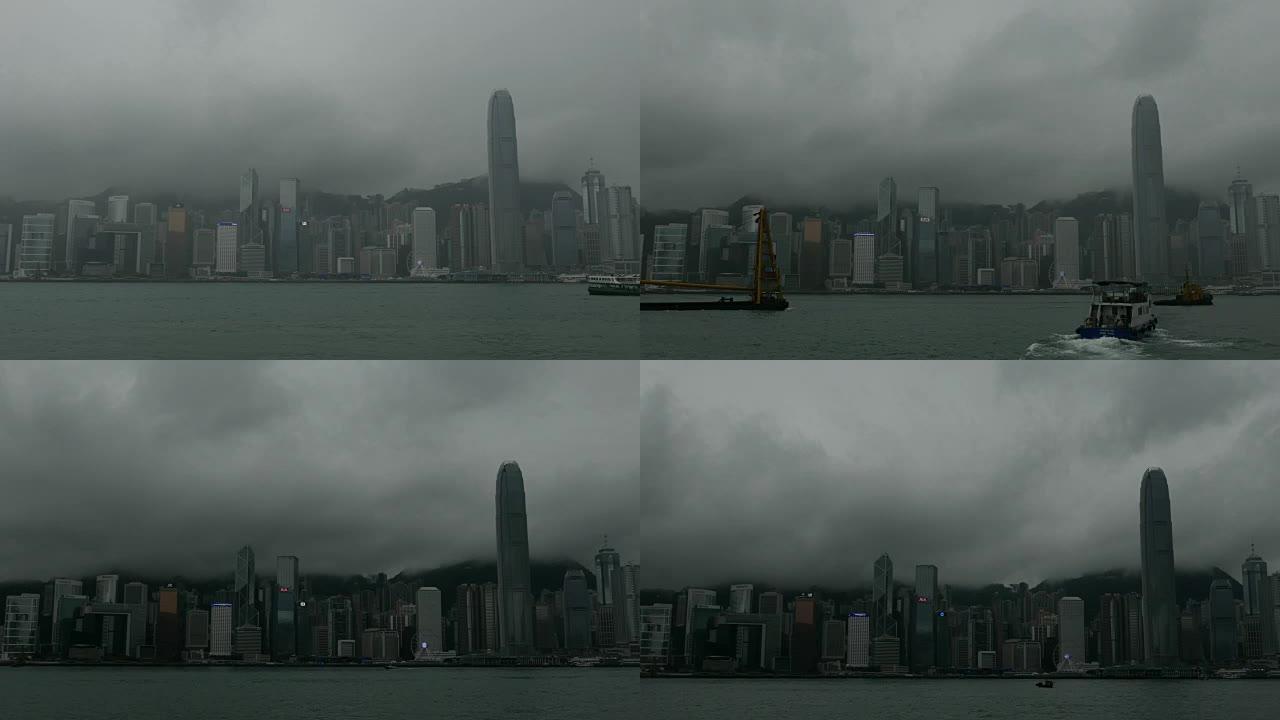 迷雾中的烟雾和黑暗中的城市/中国香港，放大。
