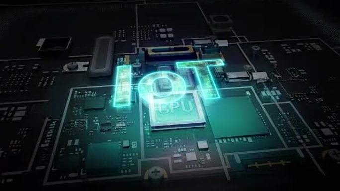 CPU芯片电路、人工智能技术上的全息图错字 'IOT'。