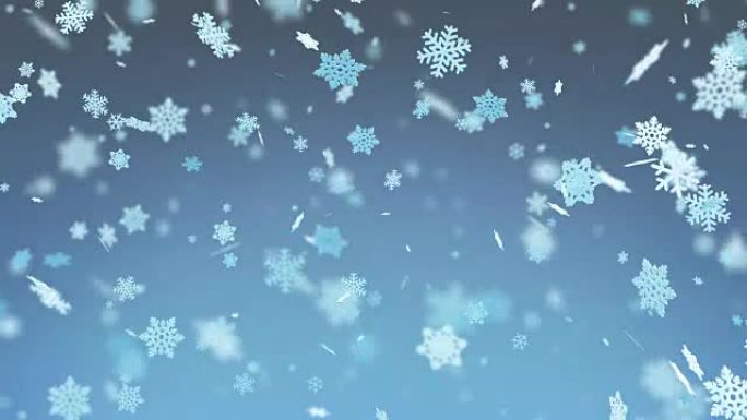 大片雪花随着模糊落下。冬季降雪。圣诞快乐，新年快乐。循环3d动画。