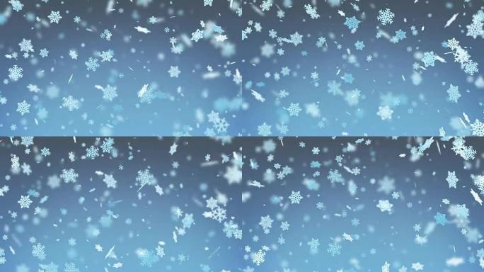 大片雪花随着模糊落下。冬季降雪。圣诞快乐，新年快乐。循环3d动画。