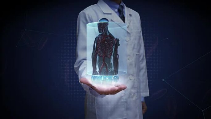医生打开手掌，放大前身体，扫描人体血管系统。蓝色x射线光。