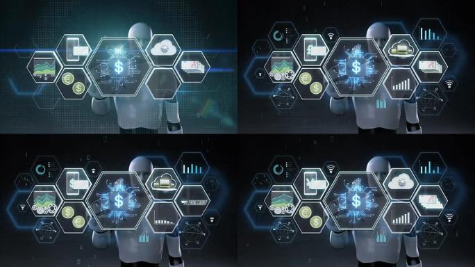 机器人，机器人触摸Fin-tech图标，金融技术和各种信息图标。4k大小的电影1。
