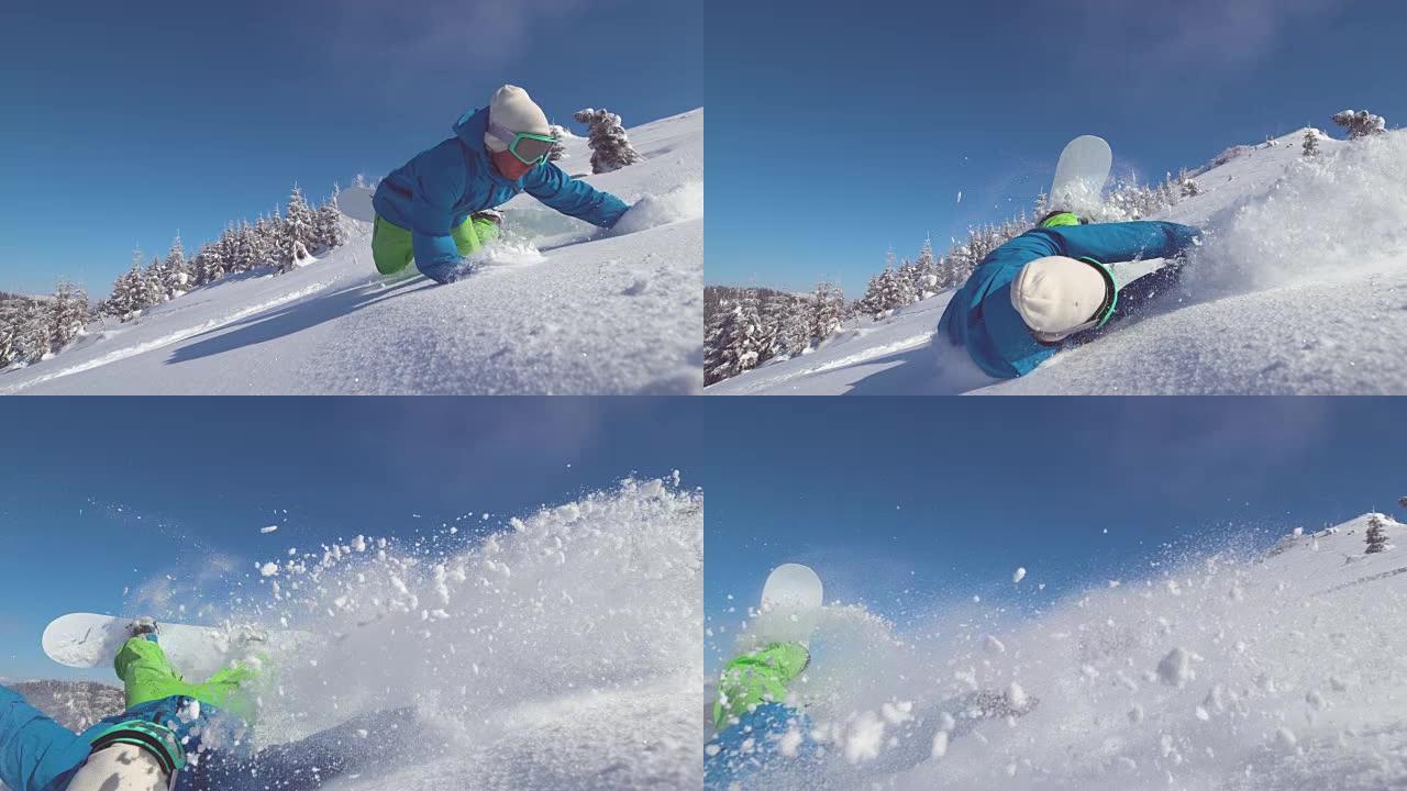 特写: 专业滑雪者在风景秀丽的山上骑行时落入新鲜的积雪