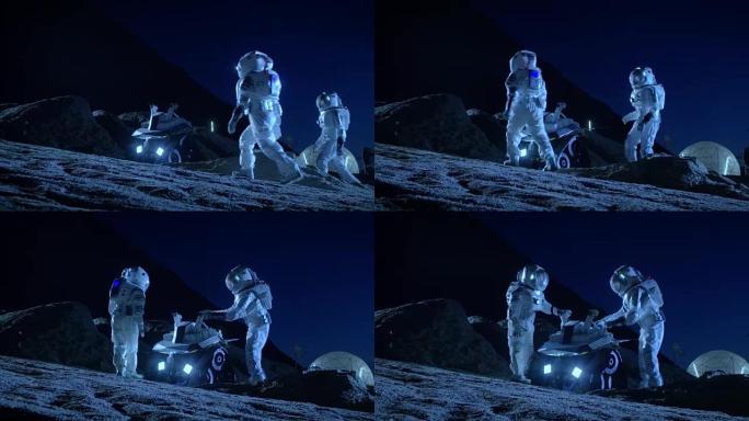 两名宇航员穿着宇航服在外星球上为表面探索任务准备太空车。关于太空殖民的未来概念。