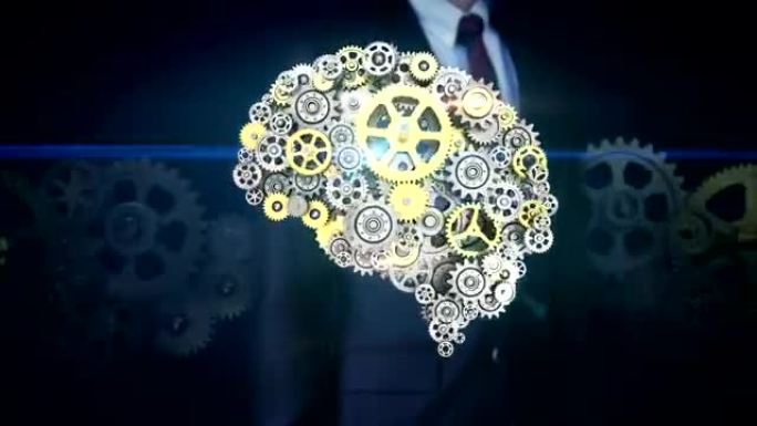 商人触屏，钢金色齿轮使人脑成形。人类人工智能。