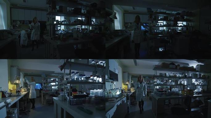 金发碧眼的女科学家来到实验室，打开灯。