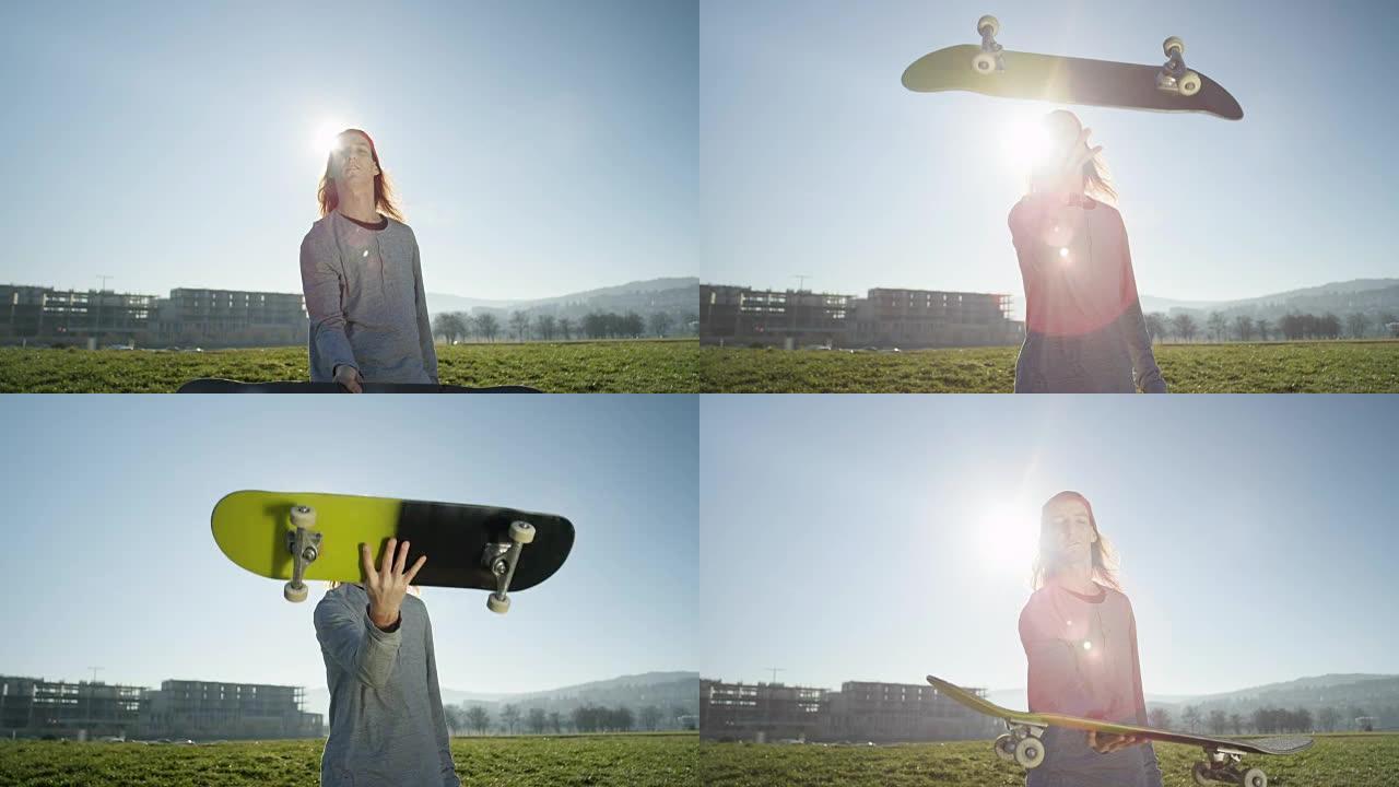 特写: 草地上的滑板手在空中对着太阳翻转滑板