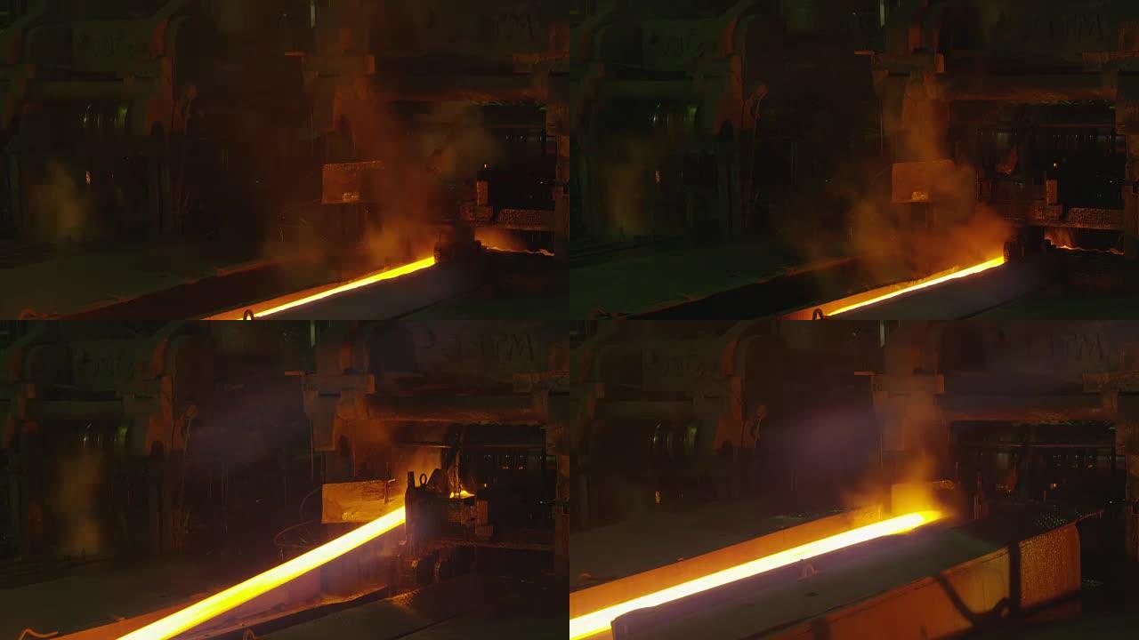 重工业机器加工熔化燃烧的铁水的时间间隔。恶劣的工业环境。
