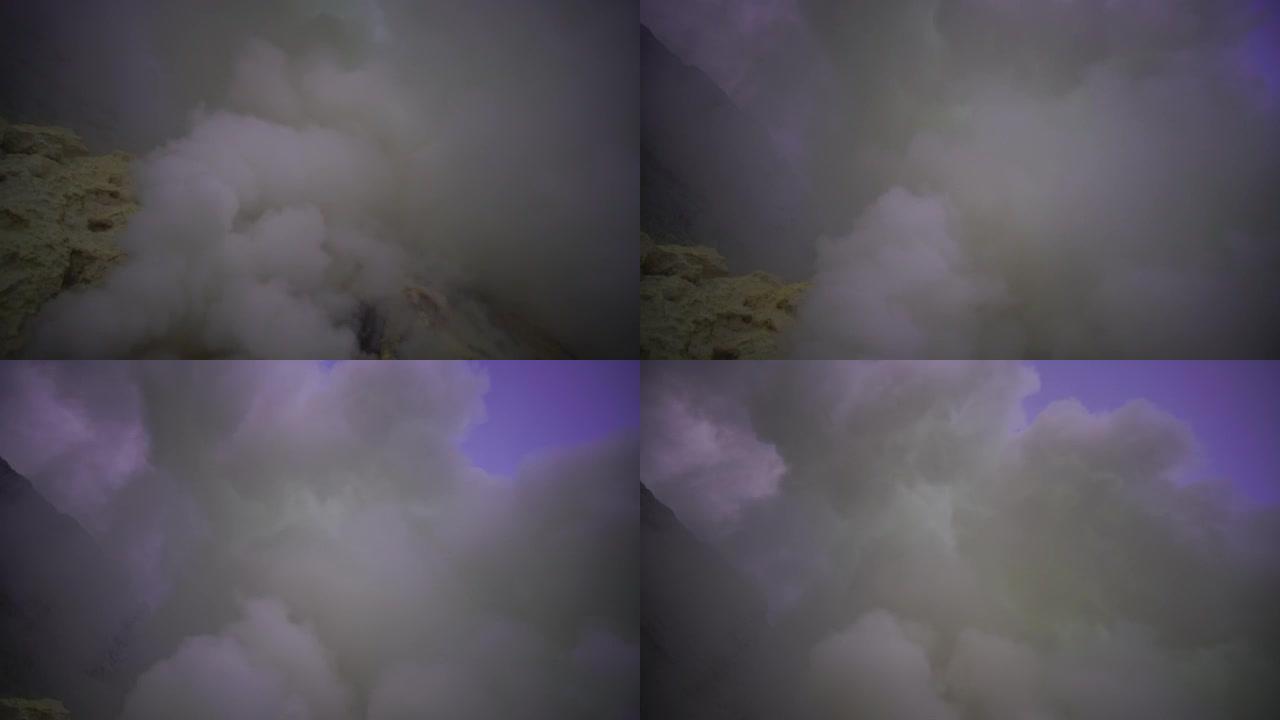 4k倾斜，Kawah Ijen的硫磺烟雾，Indenesia的Vocalno。