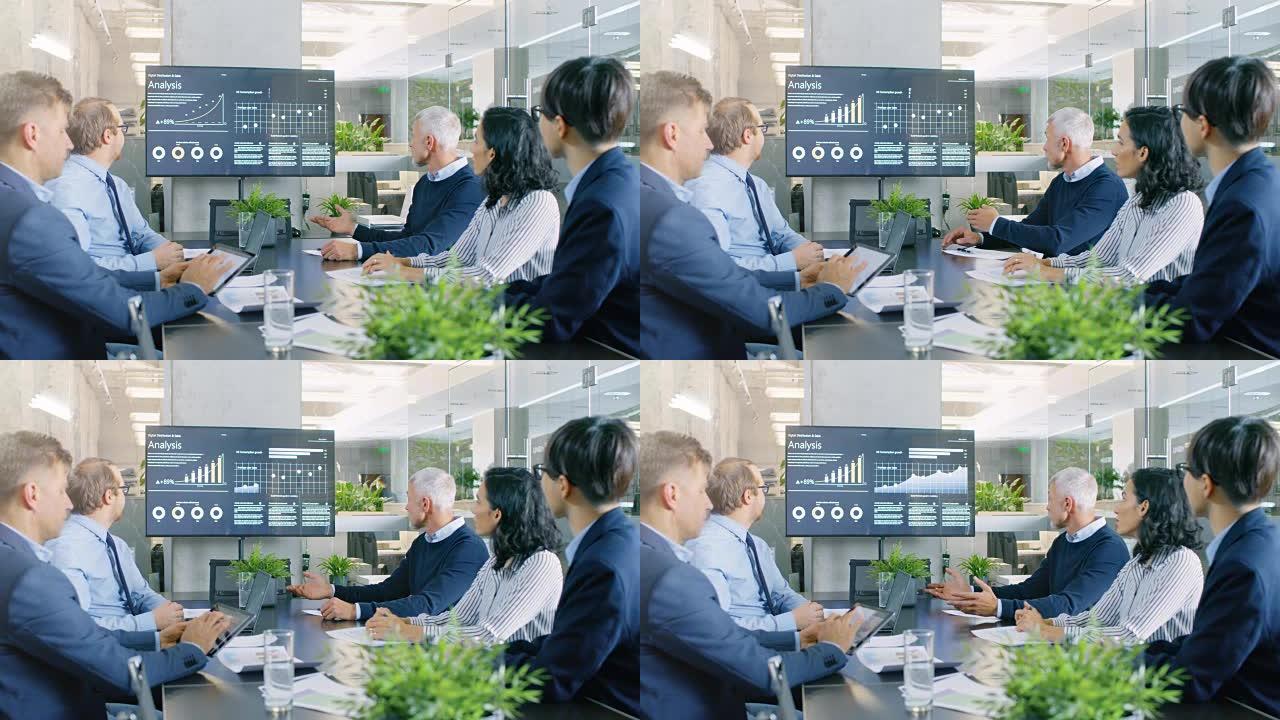 在会议室中，一群成功的商人讨论了公司的增长，这些增长在墙上的电视上显示了图表和统计数据。