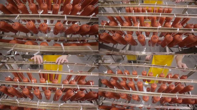 香肠挂在食品厂的储物架上。
