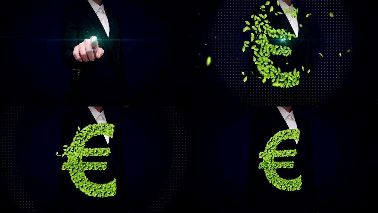 女商人触摸绿叶欧元货币标志，由树叶制成。
