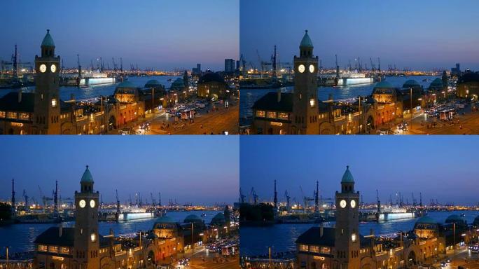 德国日落后汉堡港的景色