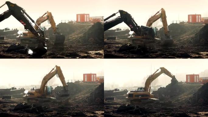 挖掘机挖掘未来的建筑工地