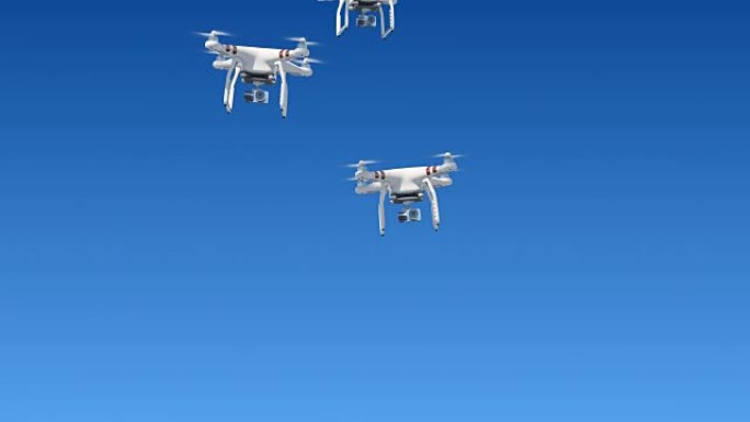 许多无人机在蓝天上升起，用相机拍摄。带有绿色屏幕和Alpha蒙版的循环3d动画。现代电子概念。