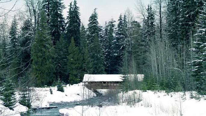 冬季森林中河上的廊桥