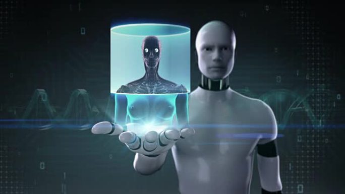 机器人打开手掌，人体扫描人眼系统，x射线光。