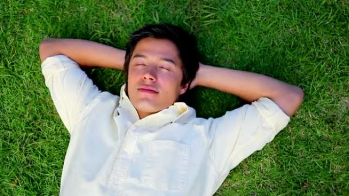 微笑的人躺在草地上