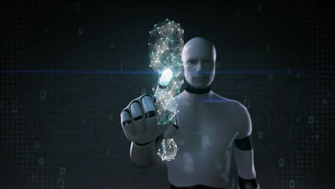 机器人，机器人触摸屏，数字线创建感叹号形状，数字概念。
