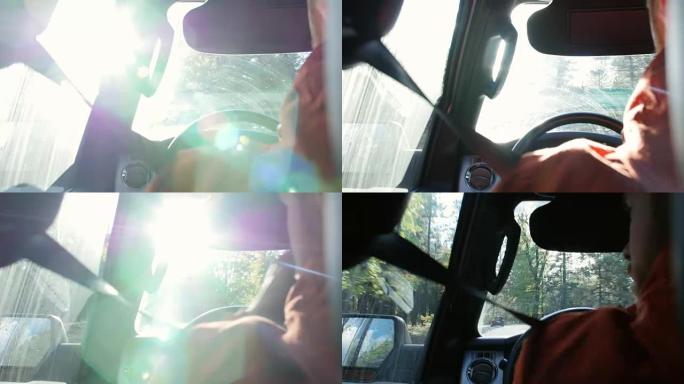 在乡村道路上驶入阳光，后排乘客的POV，在R3D上拍摄
