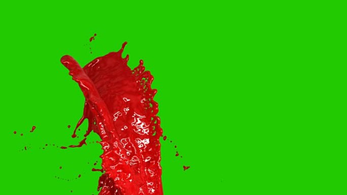 美丽的红色油漆飞溅慢动作，冻结动作，绿色屏幕。飞过水滴。1中的6英尺以不同的方式组合。对标题和介绍很