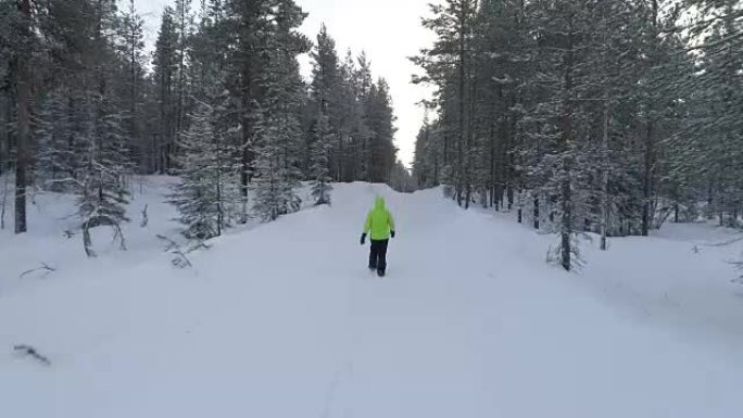 芬兰神奇冬季森林的道路上涉雪的特写女人