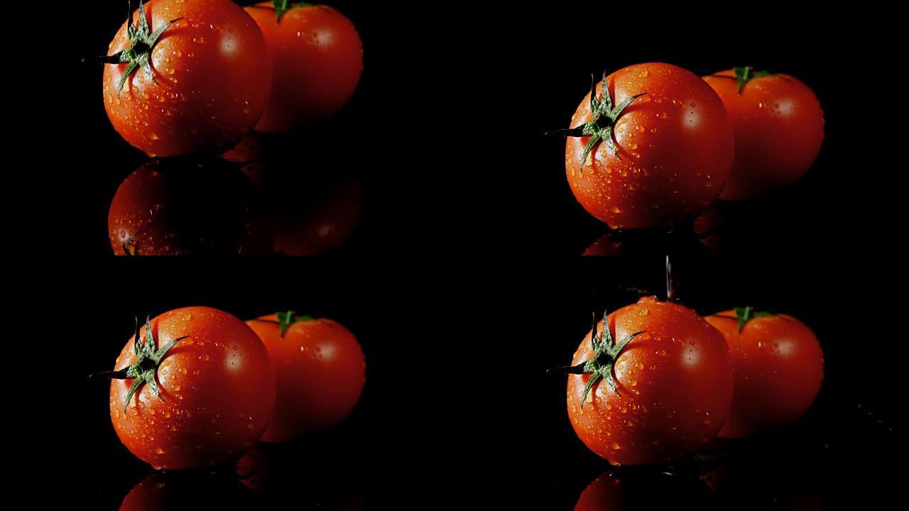 将水倒在新鲜西红柿上的特写镜头4k