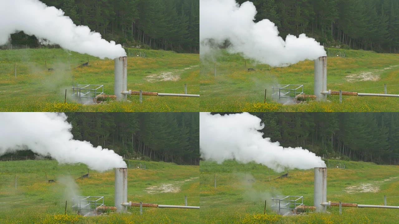 4k特写: 供热厂管道烟囱冒出的烟雾和蒸汽