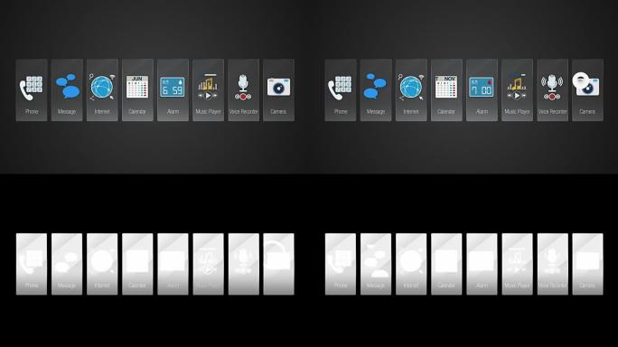 移动应用程序内容图标。智能设备的各种应用程序功能。数字显示应用程序。