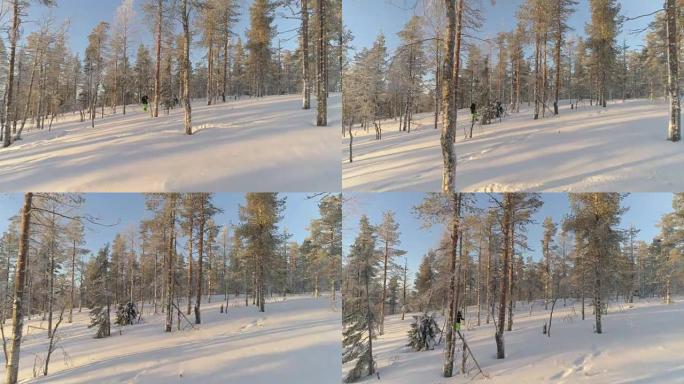 空中: 穿着温暖的冬装的女人在拉普兰森林的深雪上穿着雪鞋