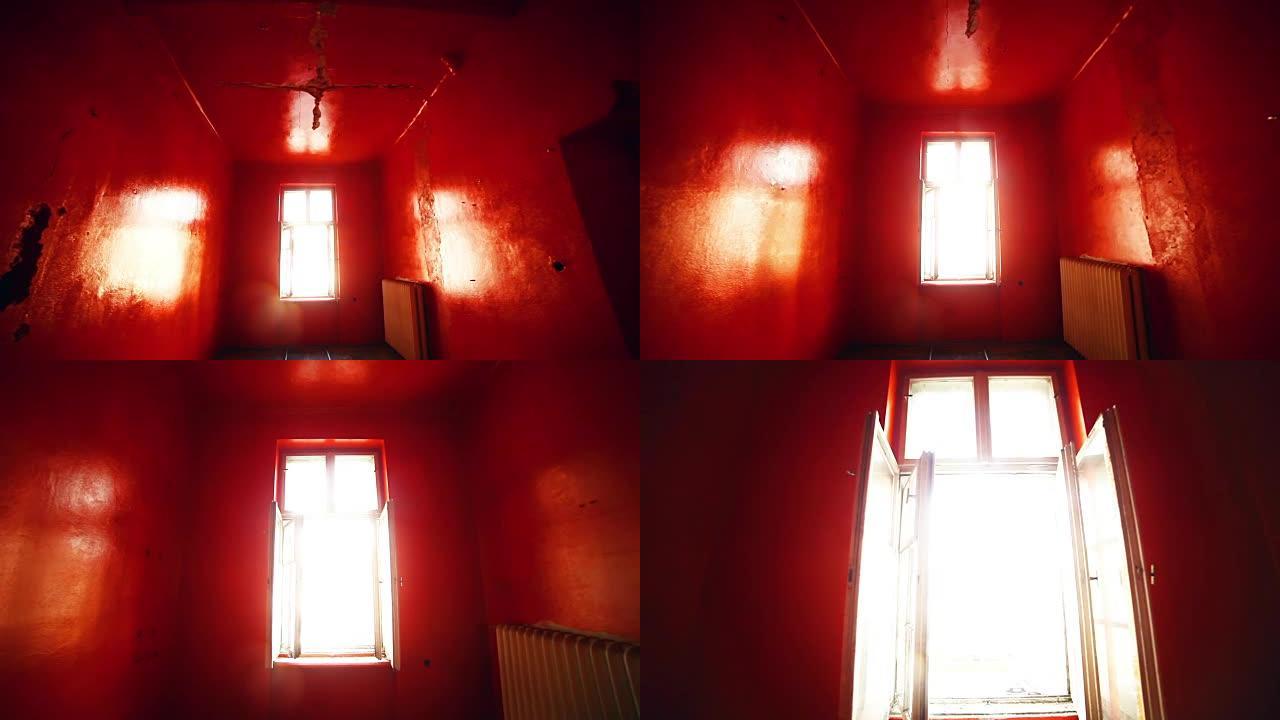 废弃的房子。带窗户的红色旧房间