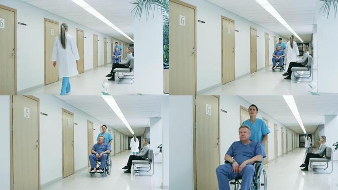 在医院走廊上，护士推着老人坐在轮椅上，病人等待他们的医生，忙碌的专业人员走过。干净，新医院有专业的医