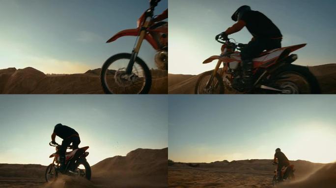 以下是职业摩托车越野赛摩托车骑手驾驶沙丘和越野赛的照片。这是《日落》，赛道上布满了烟雾。