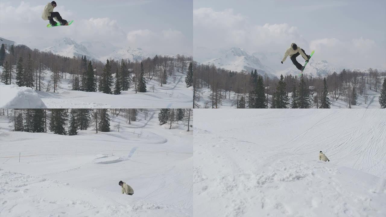 空中慢动作: 专业滑雪者跳高空中踢脚