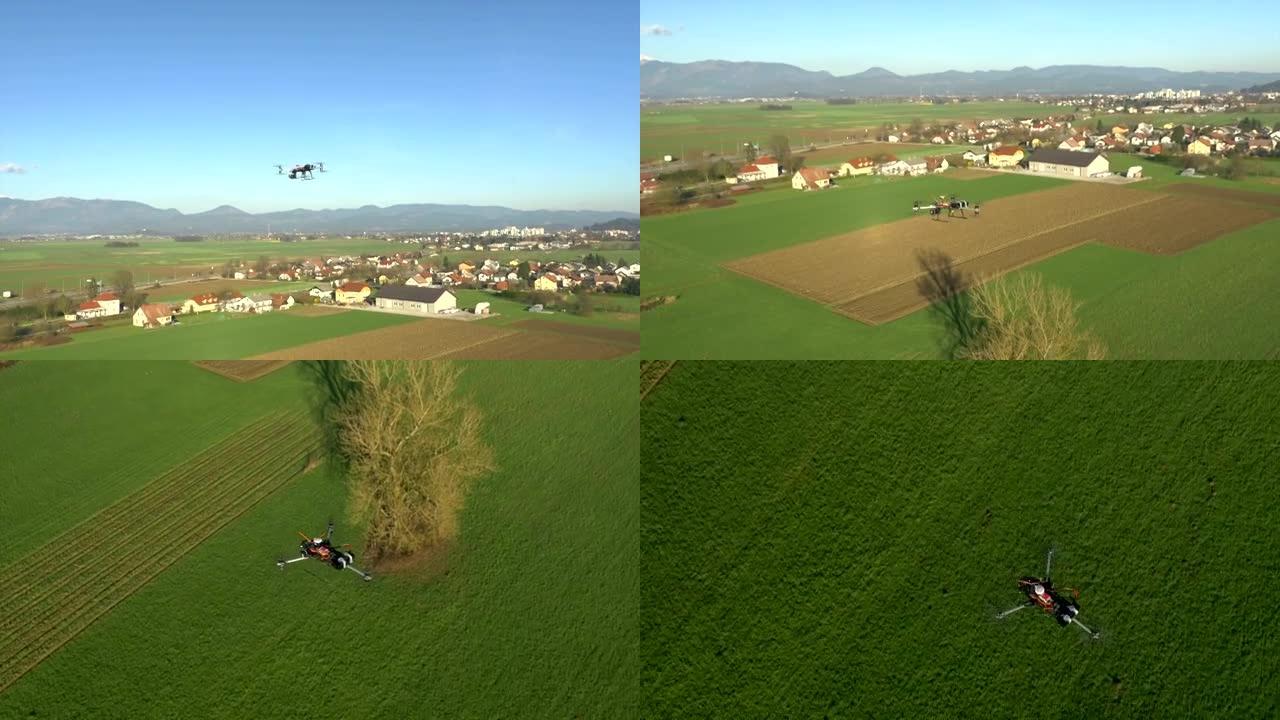 空中: 带有摄像机的无人机在田野上空飞行