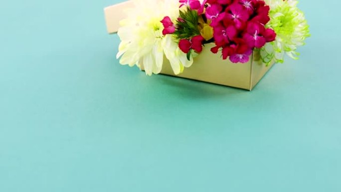 绿松石背景下充满花朵的礼品盒