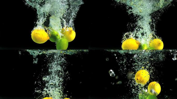 柠檬和酸橙掉入水中