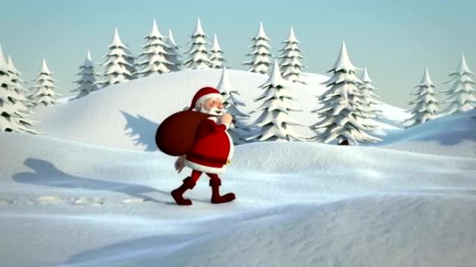 圣诞老人漫步在白雪皑皑的风景中