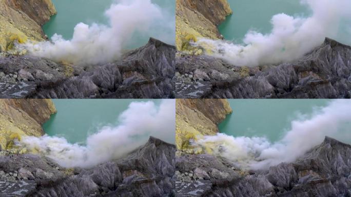 带有硫磺烟和酸性火山口湖的Kawah Ijen火山。UHD, 4K