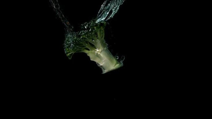 Brocolli在黑色背景下落入水中