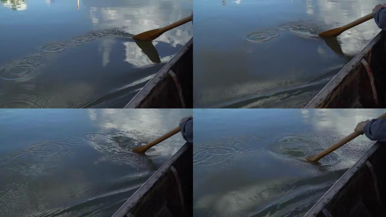 4k特写，泰国河上的女人划桨船。