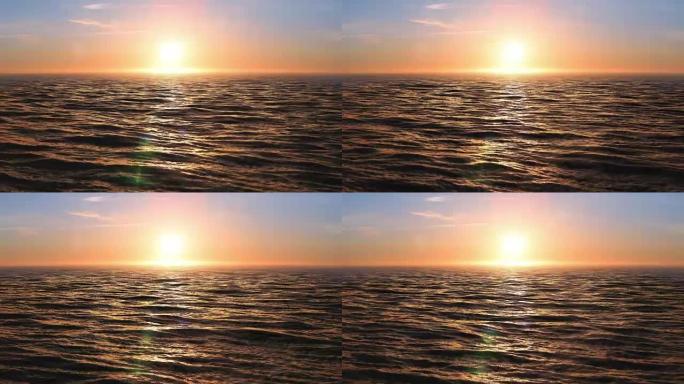 海洋美丽的日落循环3d动画。阳光闪耀着耀斑。