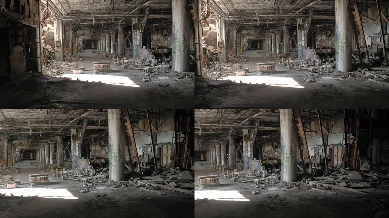 关闭底特律废弃的费舍尔车身工厂的毁坏车库