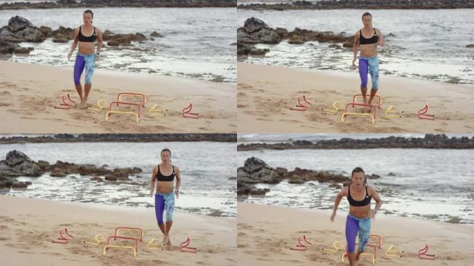 4k慢动作: 适合夏威夷女人在海滩上做敏捷运动