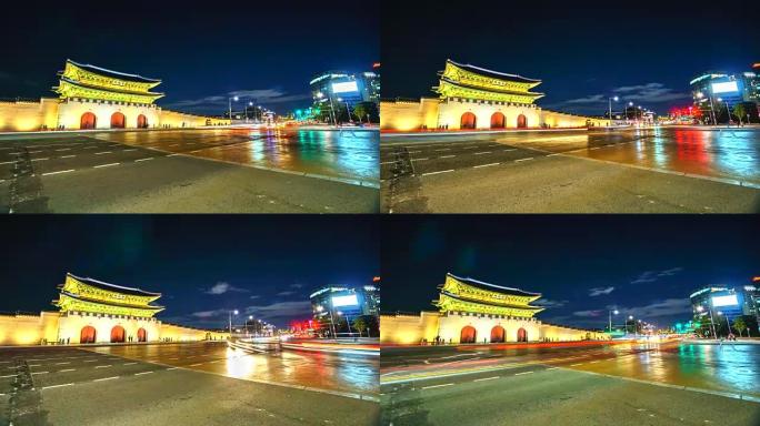 4K，首尔市景福宫的时间流逝和韩国夜间的交通