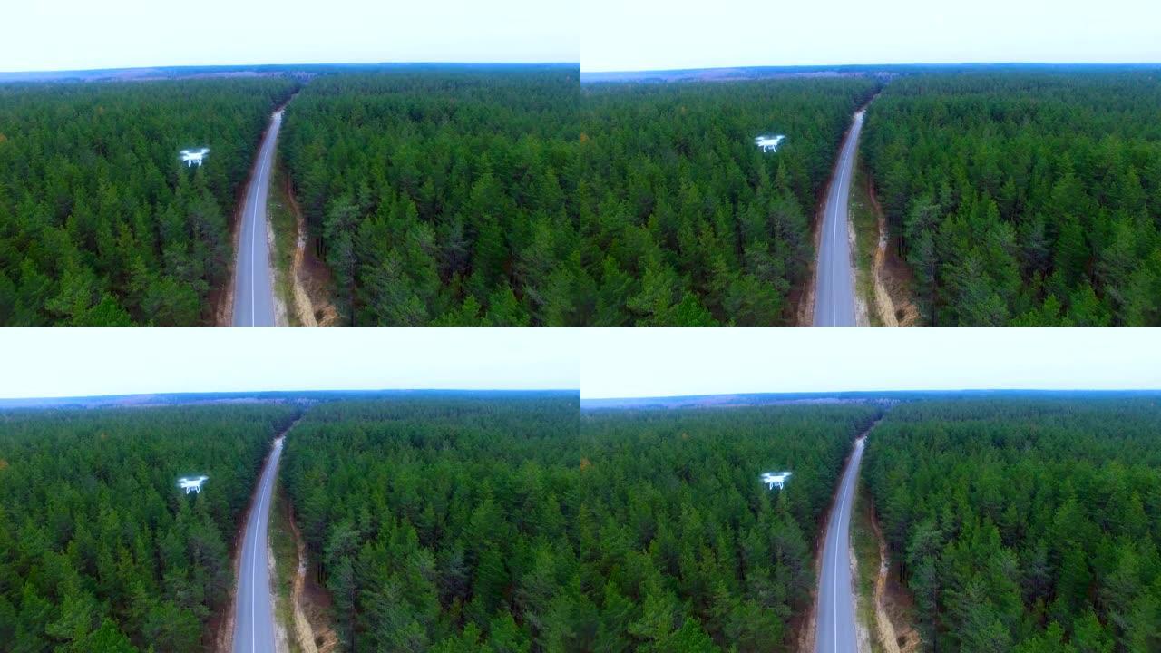 无人机，直升机飞越森林监测区域