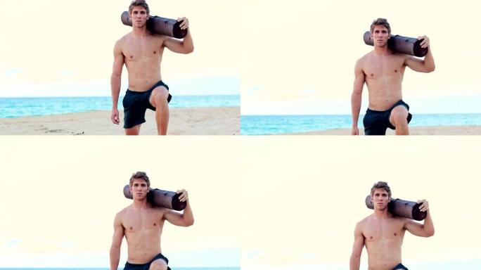 健康青年在沙滩上运动。健身房。健康积极的生活方式男性健身模式。